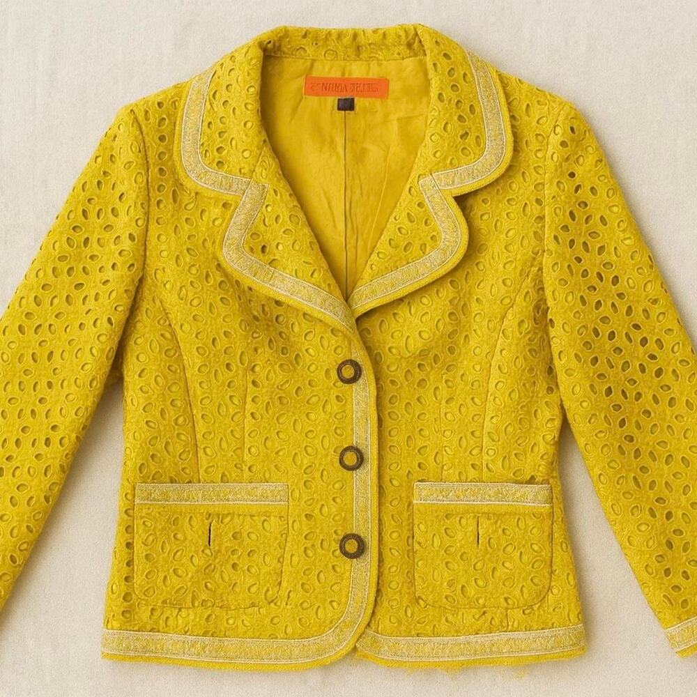 Y2K Bright Yellow Eyelet Blazer Cynthia Steffe Retro Statement Dopamine Coquette